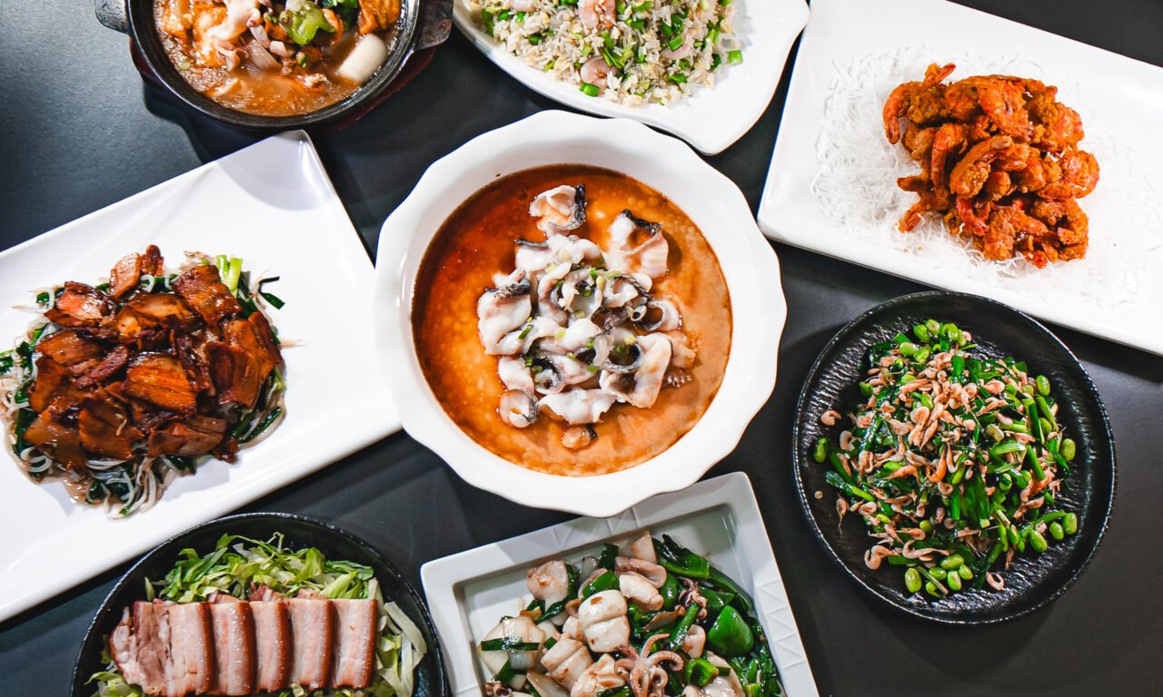 Overhead spread of many signature dishes