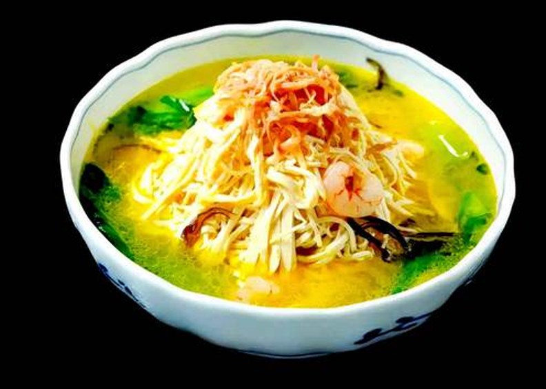 Feather-fine dried tofu threads braised with pork and bamboo shoot in golden stock
