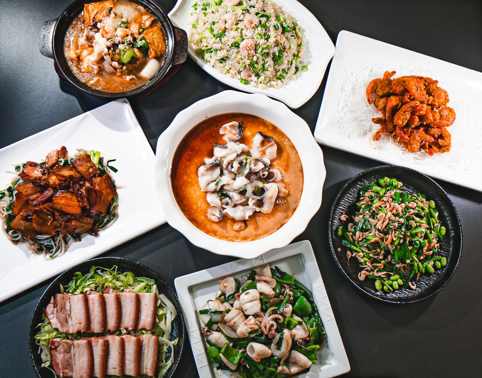 An overhead spread of signature dishes at Yuan's Garden Restaurant