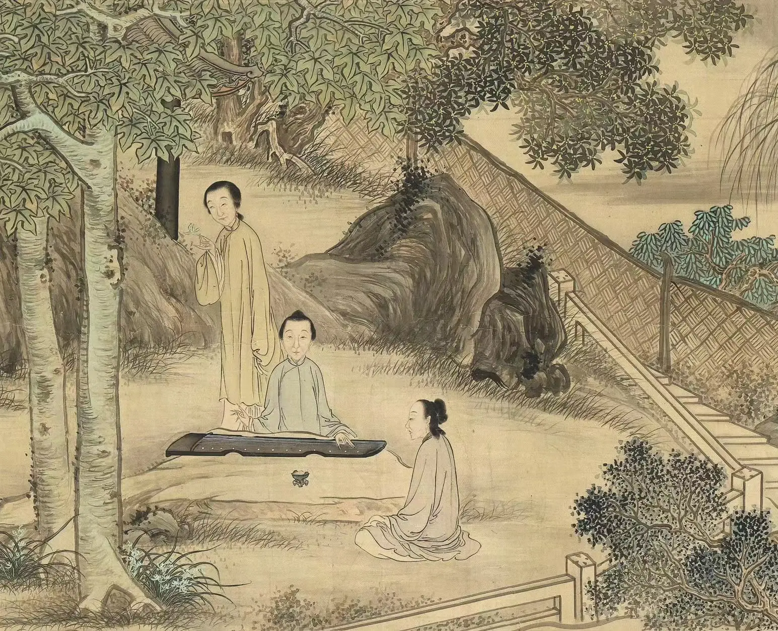A classical Chinese literati painting of a scholar's garden, evoking the world of Yuan Mei